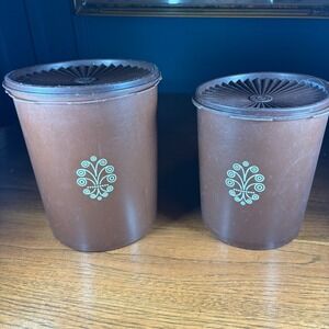 Tupperware Vintage Brown Storage Canisters Set‎ 2 Lids Decorative Floral as is